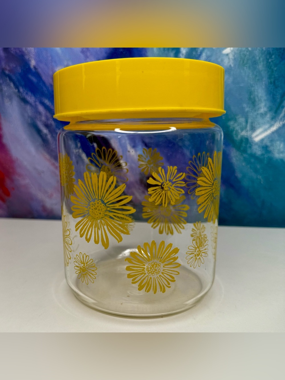 Corning Glass Yellow Daisy Canister Jar Food Storage Vintage MCM Lidded Floral